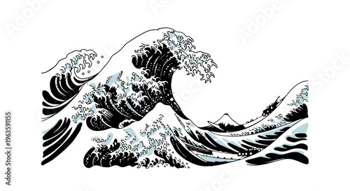 Dramatic Japanese Great Wave off Kanagawa in Black and White, Isolated White Background
