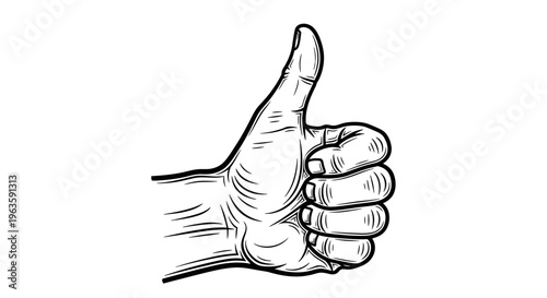 Detailed Line Art Drawing of a Human Hand Giving a Thumbs Up Gesture Indicating Approval and Success on an Isolated White Background
