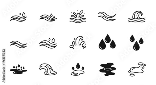 Set of Black Outline Water Elements Icons Showing Waves Splashes and Rain Droplets in a Simple Graphic Style on an Isolated White Background