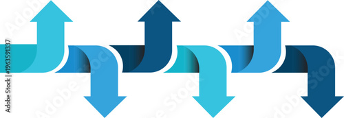 blue upward and downward dual arrow icons in flat design for business comparison finance and data flow visualization isolated background.