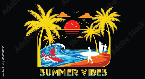 Summer vibes beach scene illustration with big ocean wave and surfers for surf shop branding and water sports marketing