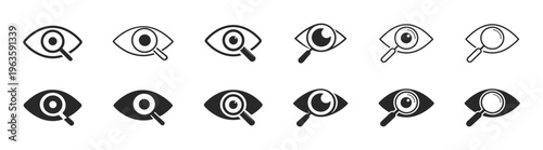 Eye icon set, vision, visibility, open and closed eye symbols, outline, glyph and solid vector collection, interface view signs on transparent background