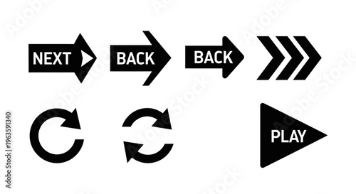 Set of Black Navigation Arrows and Media Control Icons Including Next Back Fast Forward Rewind Reload and Play Symbols on an Isolated White Background