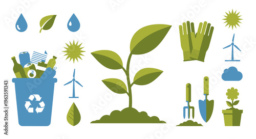 Set of Flat Design Environmental Conservation and Sustainability Icons with Plant Recycle Bin Renewable Energy and Gardening Tools on an Isolated White Background