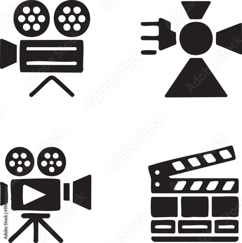 Film making icons set in black and white minimalist style for video production