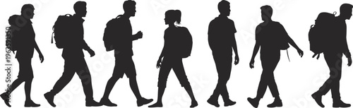 Silhouettes of hikers with backpacks walking in a line on a white background vector illustration