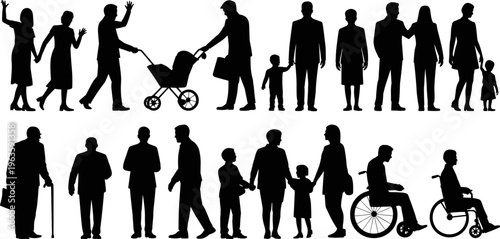 Silhouettes of people of different ages and abilities on a white background vector illustration