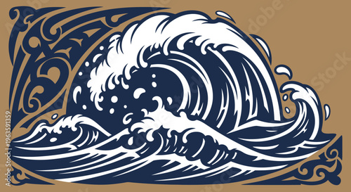 Stylized Japanese Ukiyo-e Ocean Wave Art on Brown Background