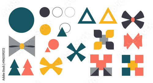Collection of Colorful Geometric Shapes and Abstract Design Elements Including Circles, Triangles, and Bow Ties on Isolated White Background. Free Download Collection of Colorful Geometric Shapes and Abstract Design Elements Including Circles, Triangles, and Bow Ties on Isolated White Background. - GFXLoad