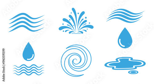 Blue Water Related Icons Collection, Dynamic Wave Splash Drop and Whirlpool Symbols
