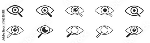 Eye icon set, vision and visibility symbols, open and closed eyes, minimal outline vector illustration on transparent background