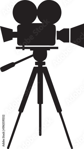 Vintage film camera on tripod in minimalist black silhouette for filmmaking