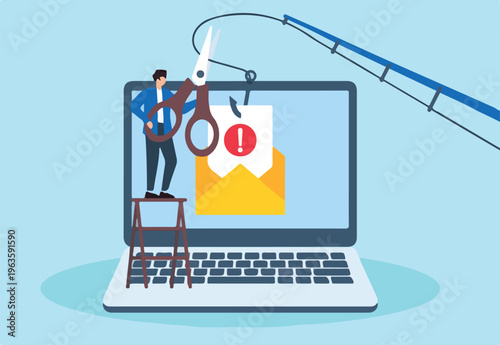 Flat illustration of man with scissors cuts phishing email on laptop screen cyber awareness and fraud protection