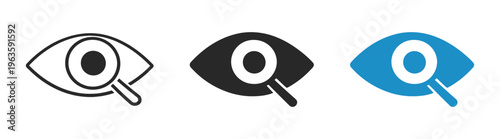 Eye icon set with magnifier, vision search and focus symbols, outline and solid vector illustration on transparent background