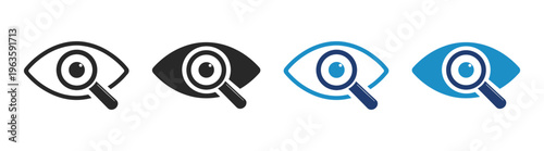 Eye search icon, vision and visibility symbol, magnifier with eye, zoom and focus concept, minimal outline glyph and solid vector illustration on transparent background