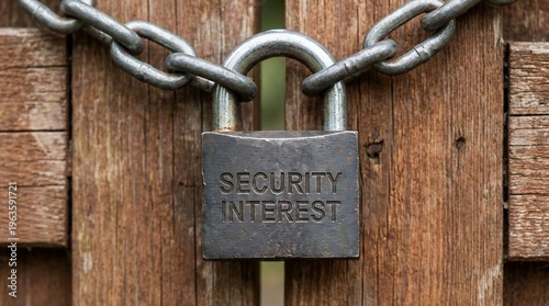 Security Interest concept shown with a padlock and chain on a rustic wooden gate.