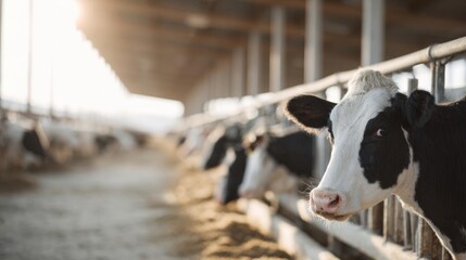 Black and white cow standing in a fenced-in area with other cows in the background. the cow is looking directly at the camera with a curious expression on its face.