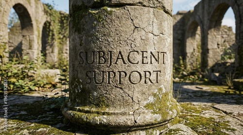 Subjacent Support carved into an ancient weathered stone pillar amidst historic ruins.