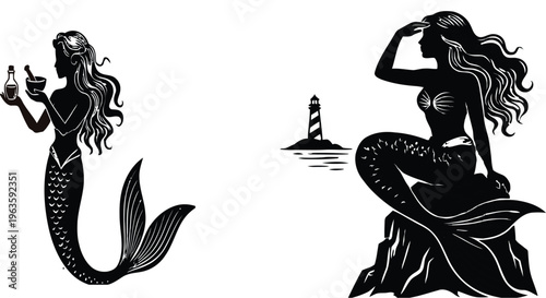 Mythical mermaid holding essential oil bottle and mortar for natural wellness illustration