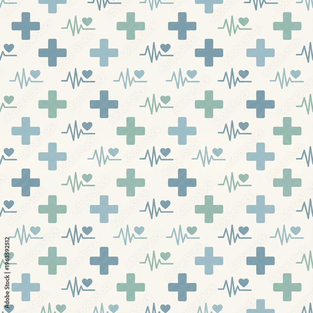 Naklejka premium Minimalist Medical Healthcare Seamless Pattern with Cross and Heartbeat 