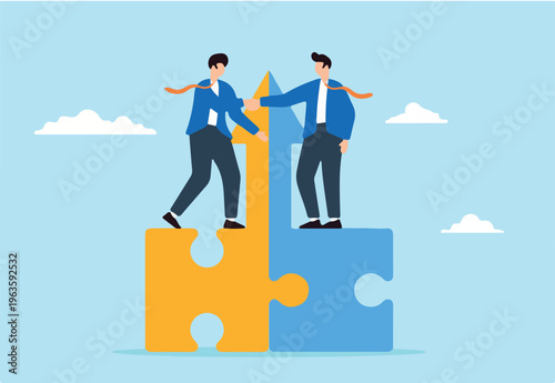 Two businessmen shaking hands on connected growth arrow puzzle pieces, illustrating joint venture or business partnership. Concept of share resources and work together to common goal through mergers