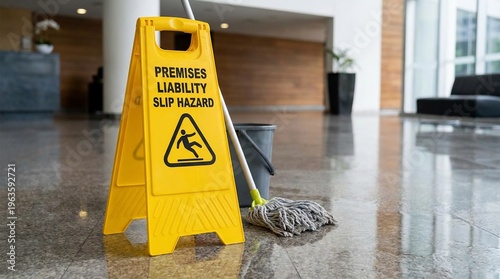 Premises liability slip hazard sign on a freshly mopped shiny floor in a building lobby.