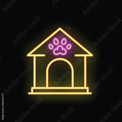 Bright yellow neon sign of a doghouse with a paw print glowing on a dark background
