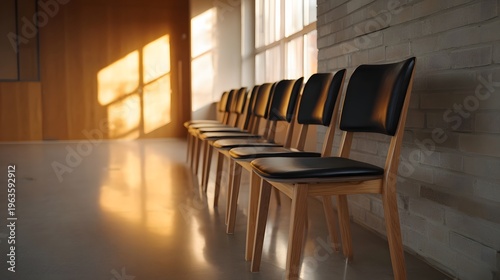 Row of modern wooden chairs in a minimalist room bathed in natural sunlight casting geometric shadows