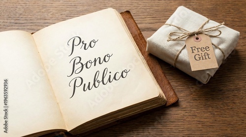 Pro Bono Publico phrase written in an old book next to a free gift on a wooden table.