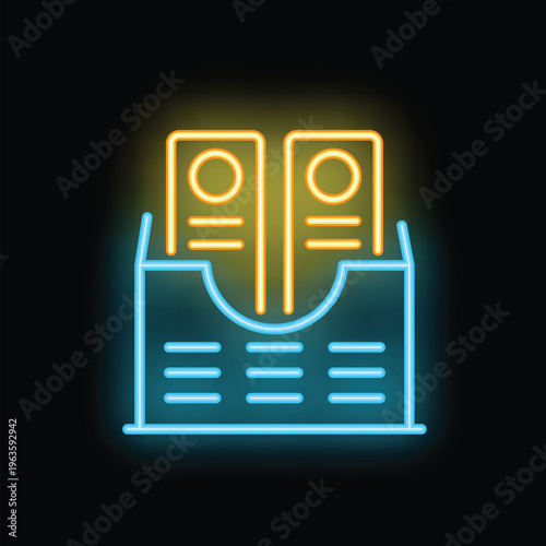 Neon style icon representing archive documents in a folder, glowing in blue and yellow