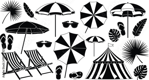 Black and white beach and summer vacation elements collection Keywords: beach, umbrella, deck chair, sunglasses, flip flops, palm