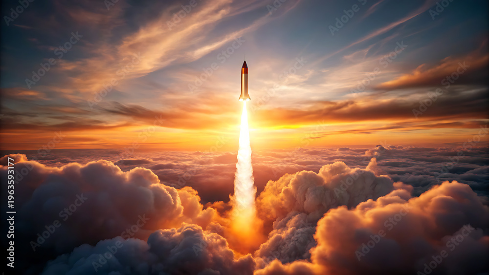 Fototapeta premium Rocket launch at sunrise with fiery exhaust over cloudy sky and golden light