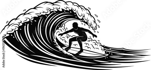 Black silhouette of a surfer riding a large ocean wave surfing