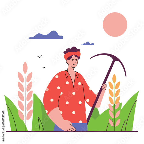 Agronomist with Hoe in Field Vector Illustration Crop Scene Agribusiness
