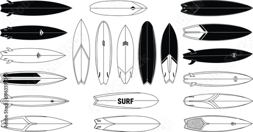 Collection of Diverse Surfboard Designs in Black and White Outline and Solid Fill Keywords: surfboard, surf, surfing, water