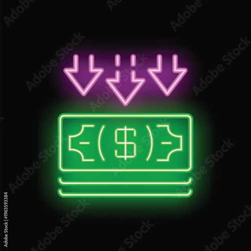 Neon sign illustrating a stack of dollar bills experiencing a decrease in value, symbolized by three downward pointing arrows