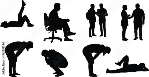 Diverse human silhouettes engaged in various activities and poses Keywords: silhouette, people, man, woman, sitting, standing