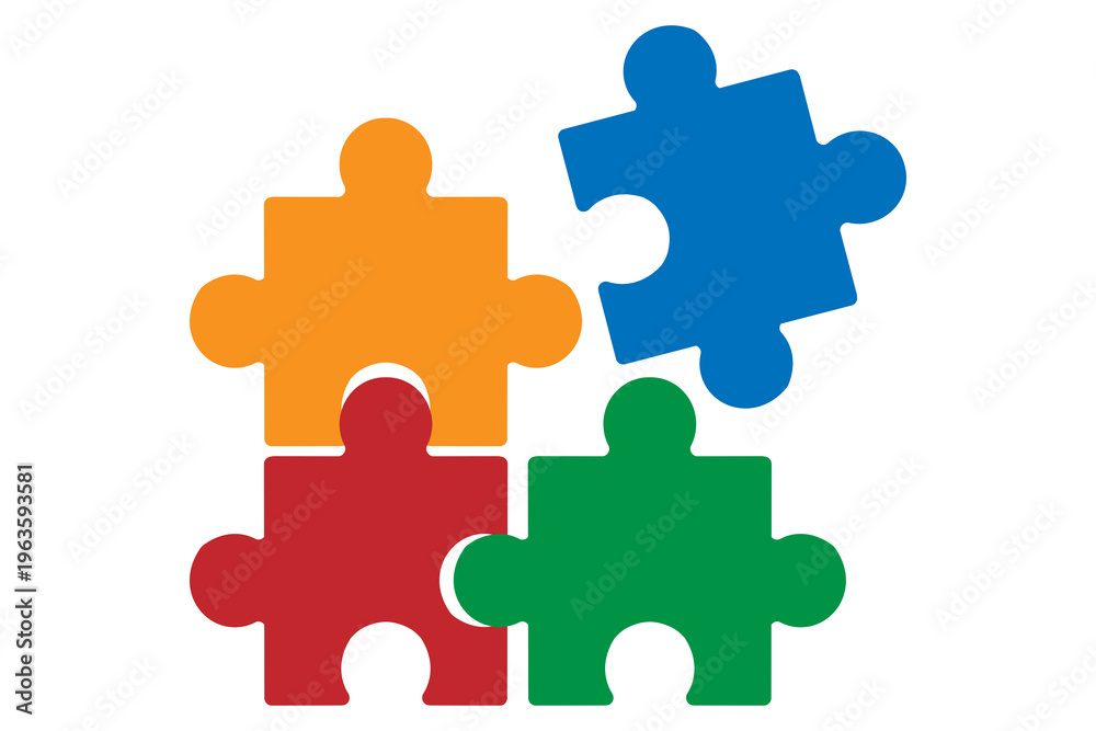 Fototapeta premium colorful puzzle pieces icon, teamwork collaboration concept, business strategy solution symbol, jigsaw connection graphic, problem solving teamwork design, flat vector illustration download