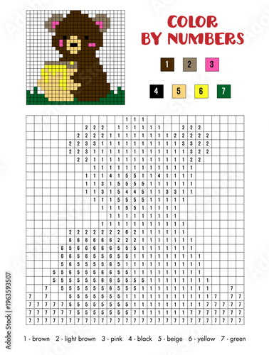 Color by numbers activity page featuring an adorable cartoon teddy bear sitting happily on green grass while holding a jar of golden honey. For children's activity books, educational worksheets