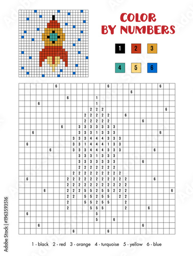 Thrilling and imaginative color by numbers activity page featuring a rocket ship blasting off through a starry night sky. For children's activity books, educational worksheets