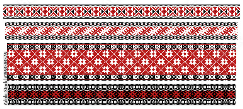 Set of four decorative Estonian ornamental border bands rendered in a bold and classic three-color palette of black, red, and white. Each border is richly adorned with authentic symbols