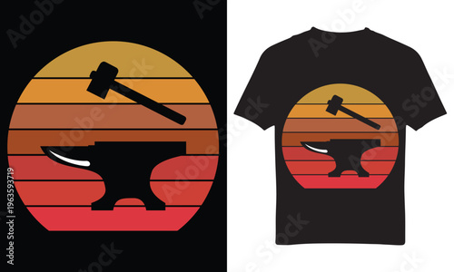 Blacksmith Anvil Hammer Vintage Retro Sunset Silhouette T-Shirt Design