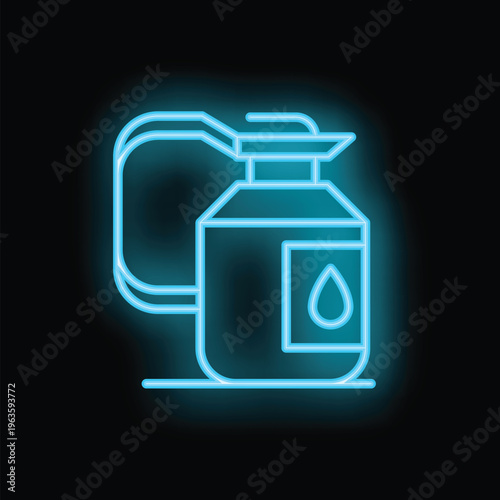 Blue neon sign depicting a milk churn with a drop on a black background, ideal for illustrating dairy products