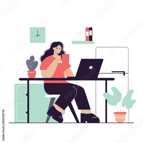 Contemporary Freelancer Teleworking with Laptop Illustration Showcasing Professionalism, Digital Nomadism and Flexible Workplace