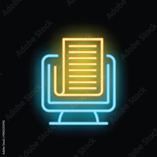 Neon icon representing a computer displaying a document, symbolizing online reading, digital content, or online publication