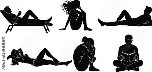 Silhouettes of People Relaxing and Reading on a White Background woman