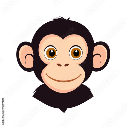 Cartoon Monkey Face Smiling. Cute Primate Portrait Illustration of Chimpanzee Isolated on White Background. Vector Icon for Kids, Mascot, Logo, Character Design. Animal Head Clipart 2D