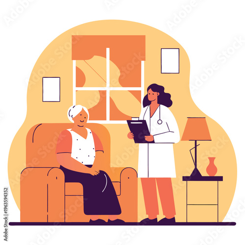 Doctor Home Visit Elderly Woman Healthcare Professional Consultation Patient Care Medical Examination Flat Vector Illustration