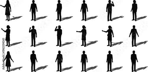 Black silhouette vector illustrations of standing human figures with shadows, multiple postures and gestures for design, animation, lifestyle, and behavioral projects