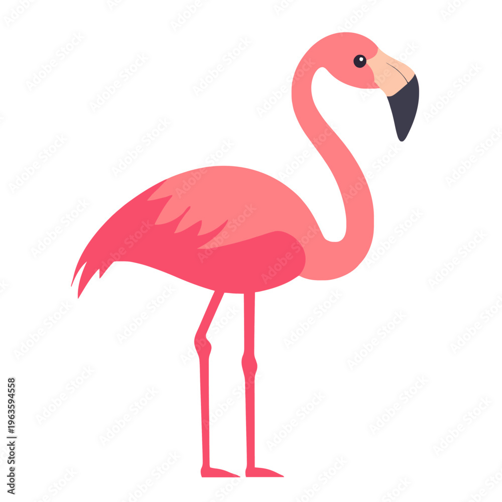 Obraz premium Pink Flamingo Illustration Isolated - Tropical Bird Standing Pose, Exotic Wildlife, Decorative Vector, Minimalist Design, Children's Illustration, Summer Vibes, Simple and Elegant Style